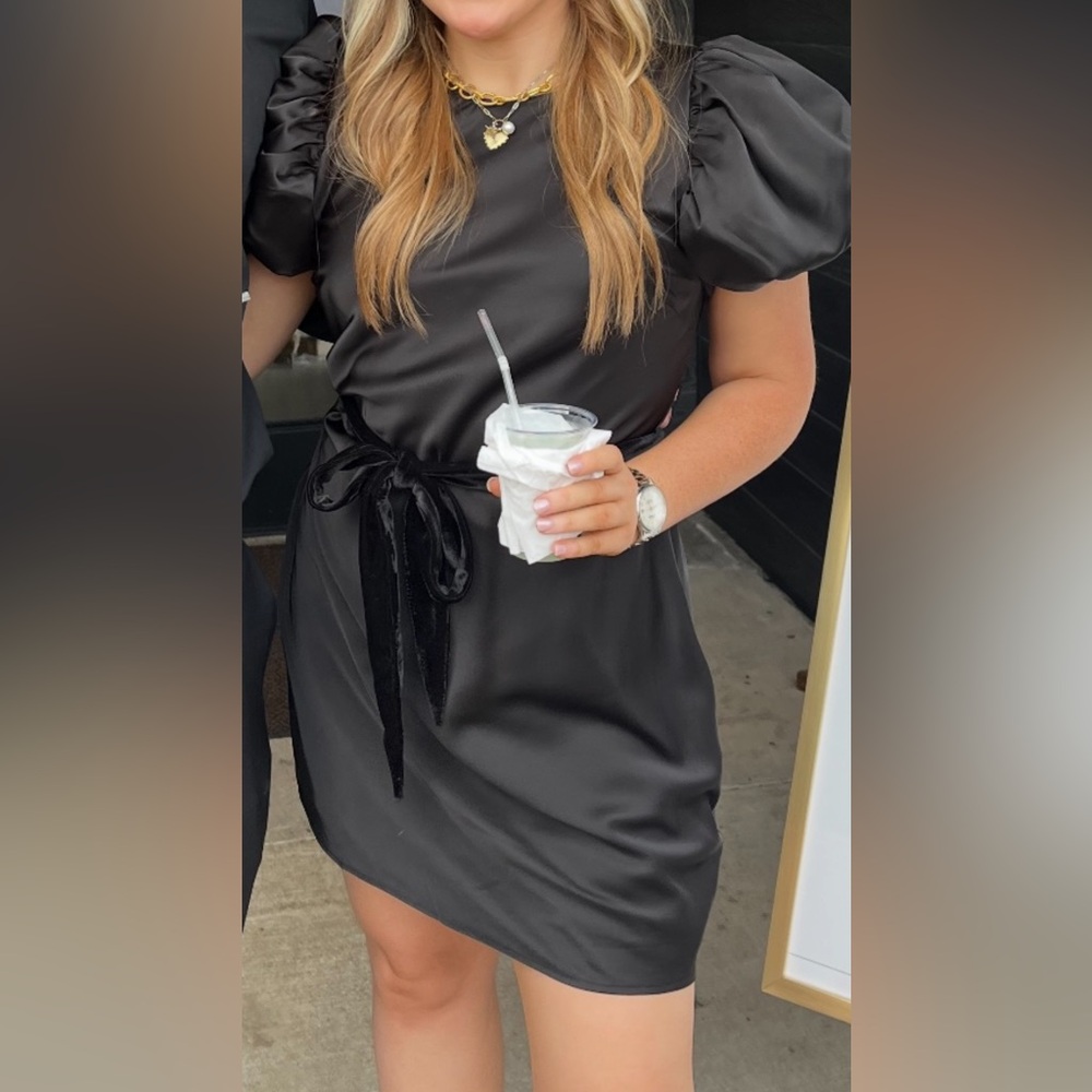 Puff-Sleeve Black Satin Mini Dress with Velvet Tie